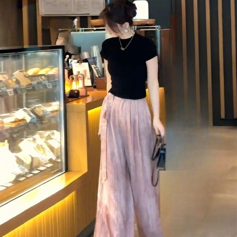 夏装搭配一整套时尚黑色简约短袖t恤上衣女装拖地阔腿长裤两件套