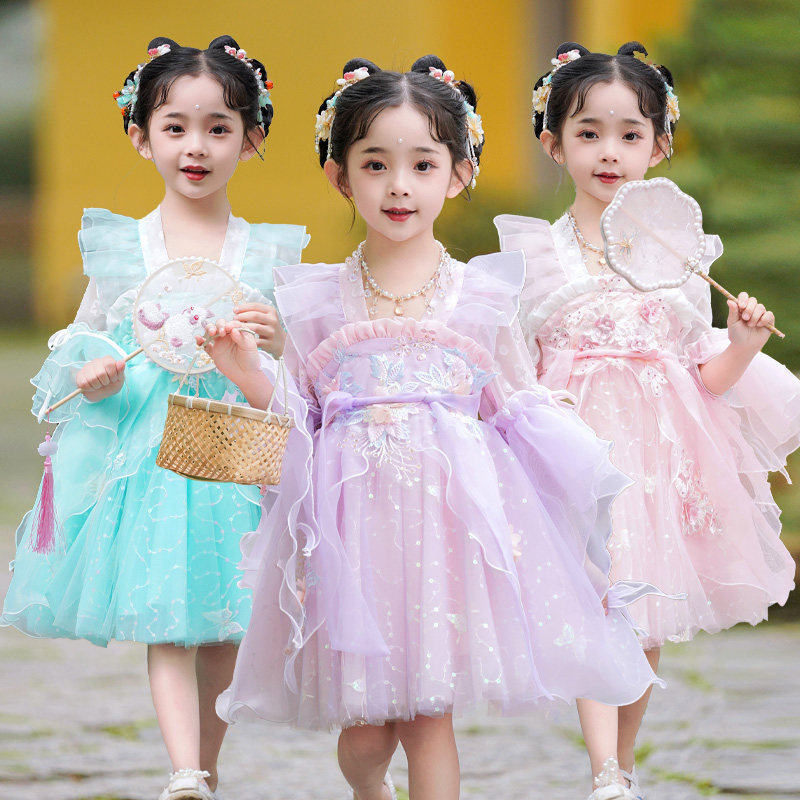 女童汉服民族服装儿童演出服中国风少数民族合唱蓬蓬裙夏装洋装