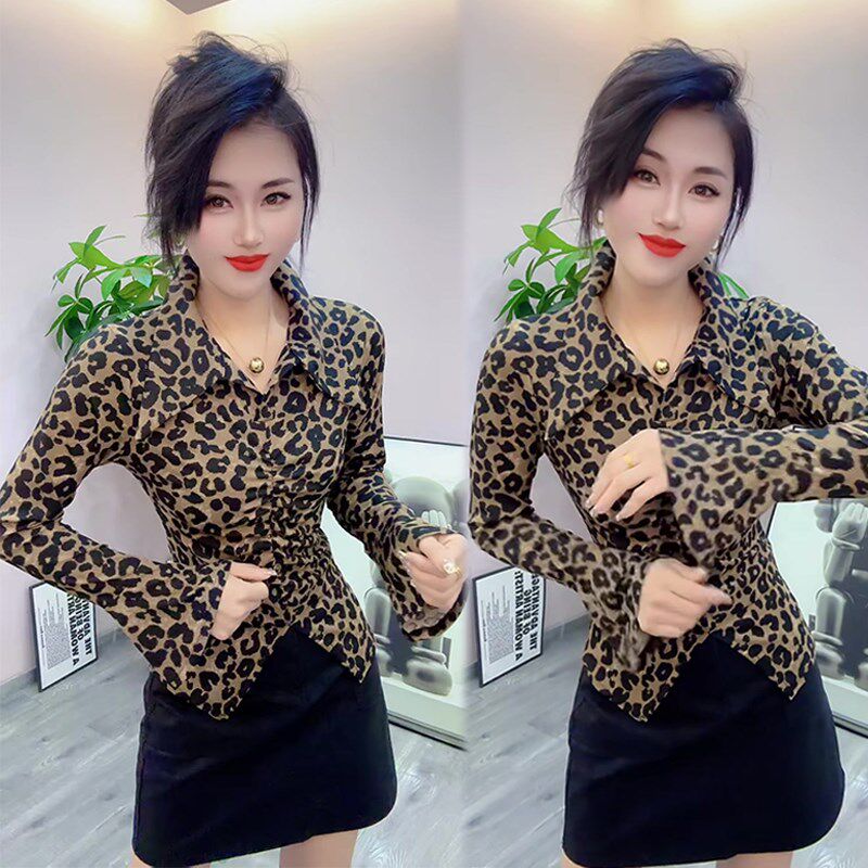 欧货时尚洋气高级感豹纹T恤女2024早春新款抽褶设计感修身打底衫