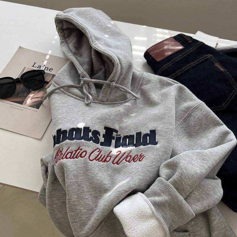 美式经典字母刺绣连帽套头加绒加厚卫衣女宽松慵懒帽衫秋冬新款潮