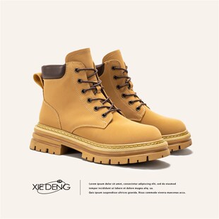 鞋登真皮厚底马丁靴女情侣复古英伦风短靴2023夏季新款大黄靴