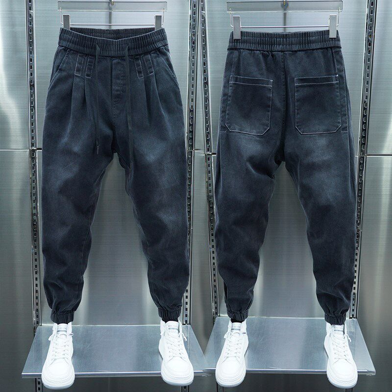 牛仔裤男士春秋新款韩版束脚哈伦裤潮流韩版宽松褶皱弹力休闲裤子