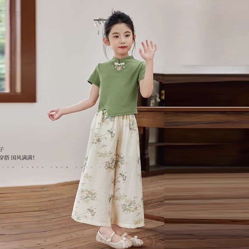 女童国风汉服套装夏季2025新款大童中式夏款女孩时髦阔腿裤两件套