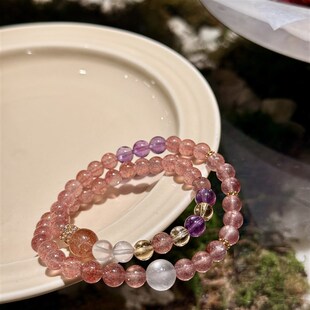 天然水晶手链草莓晶碧玺金发晶紫晶月光多圈混搭招财爱情转运手串