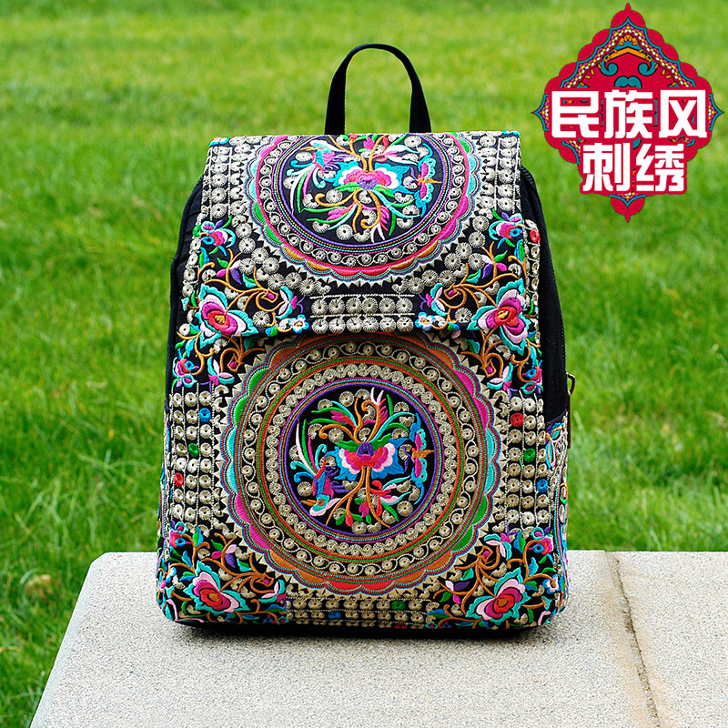 2021新款绣花双肩包多功能女士背包休闲帆布包复古民族风学院书包