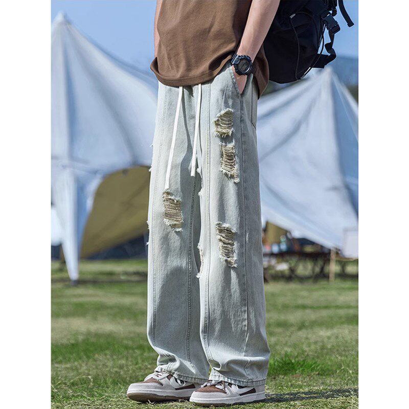 破洞中缝牛仔裤男夏季薄款美式高街潮牌长裤宽松直筒阔腿休闲裤子