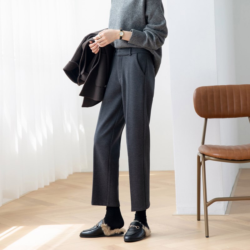 秋冬新款毛呢直筒裤女加厚韩版黑灰色微阔窄版阔腿休闲九分西裤