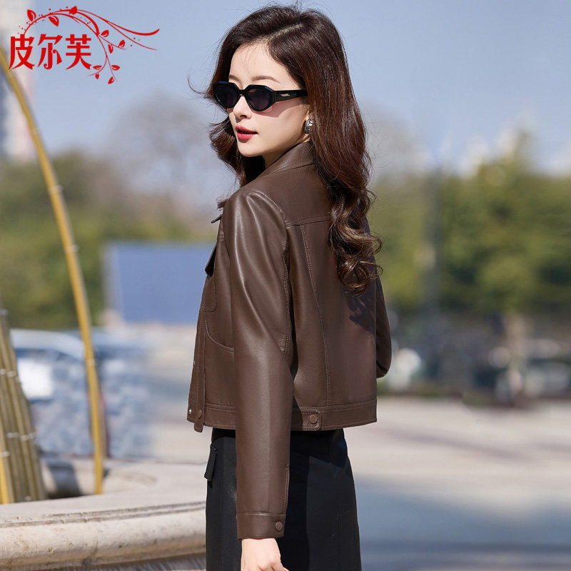 网红爆款咖色皮衣短款外套女2024春秋季新款欧货爆款PU皮夹克上衣