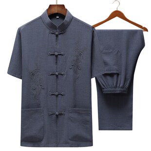 夏季唐装男中老年薄款棉麻短袖套装爷爷生日过寿衣服爸爸国风夏装