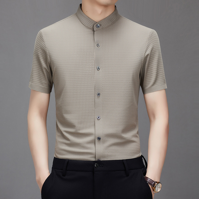 无痕男士凉感短袖衬衫夏季薄款立领格子衬衣中国风无领半袖