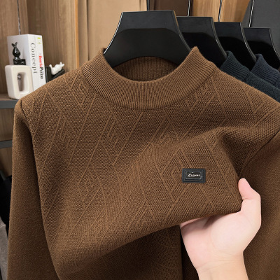 跨境冬季半高领一体绒男士毛衣提花新款加绒加厚保暖针织打底衫男