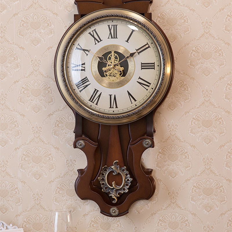 客厅欧式镀铜挂钟家用装饰机械齿轮时钟美式木制大气钟表复古挂表