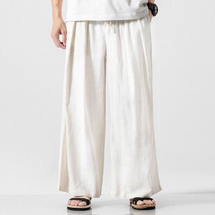 秋冬棉麻阔腿裤子男大码宽松休闲裤中式汉服裤裙亚麻复古打坐禅裤