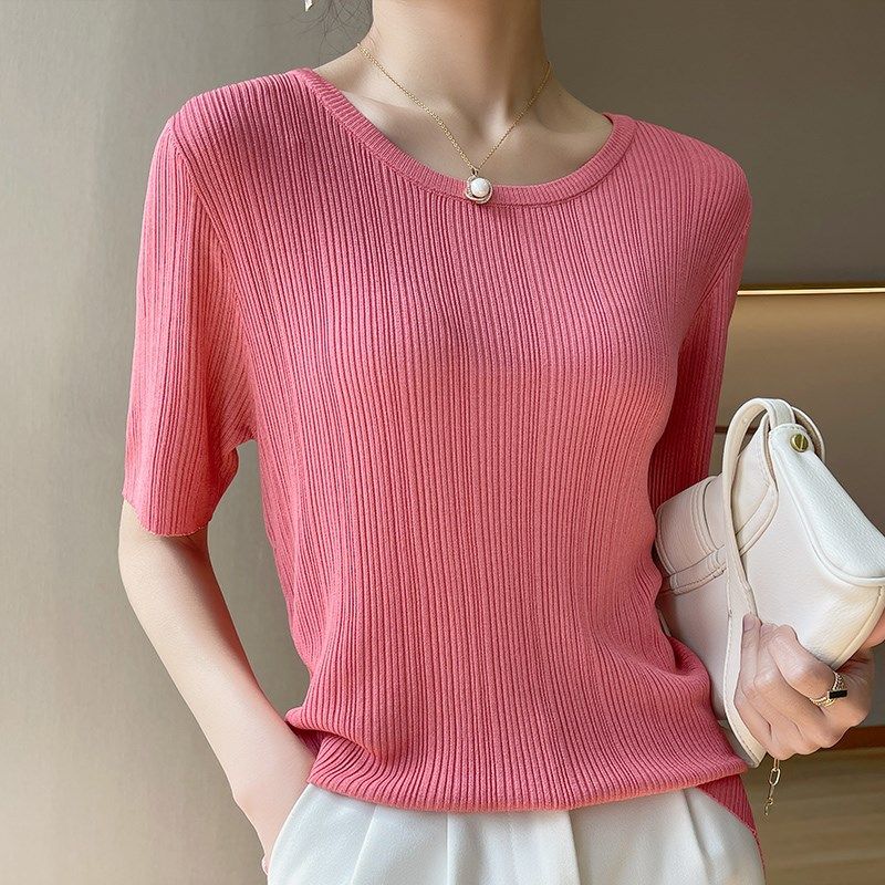 冰丝短袖t恤女夏季薄款宽松正肩体恤白色圆领半袖针织衫短款上衣