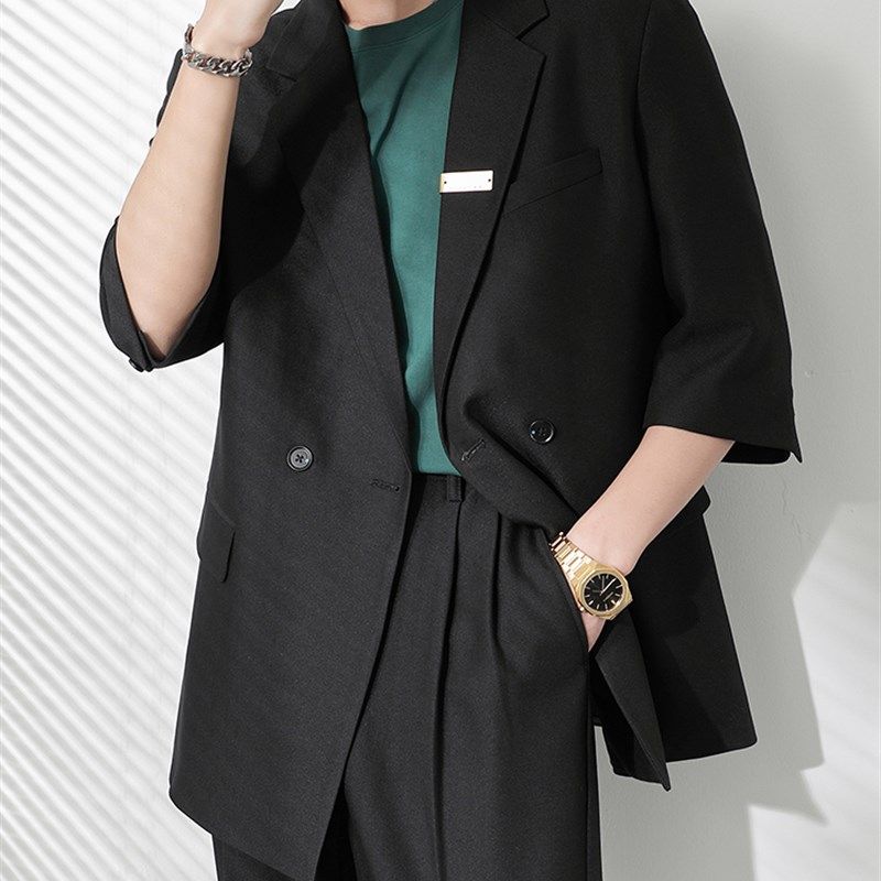 轻熟垂感七分袖休闲西装外套夏季薄款宽松情侣短袖半袖西服套装男