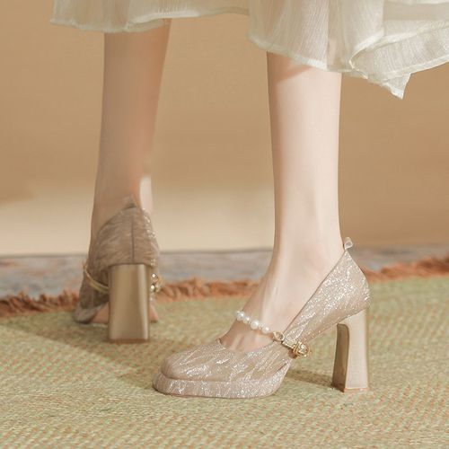 小个子超高跟鞋女香槟色婚鞋水晶鞋2024新款秋季粗跟方头珍珠单鞋