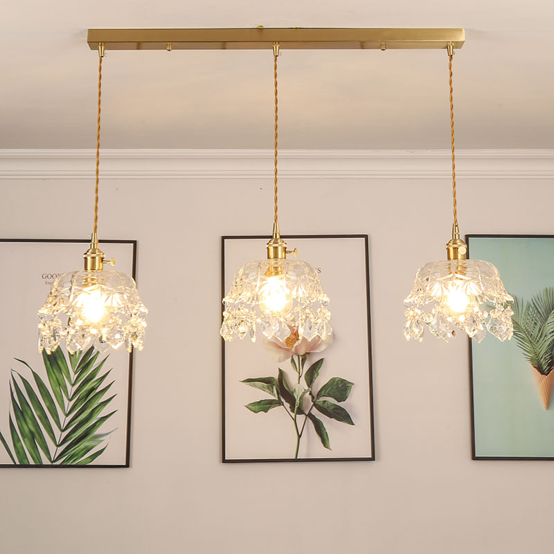 黄铜三头餐厅灯法式简约玻璃灯创意北欧现代饭厅餐桌吧台水晶吊灯