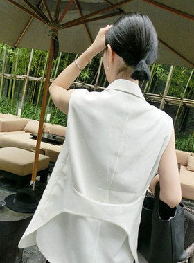 小个子新款春秋韩版中长款西服女马夹背心白色西装外套无袖马甲女