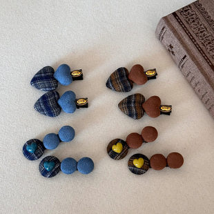 榛果咖色系!格纹爱心纽扣发夹可爱少女心刘海夹边夹发卡发饰秋冬