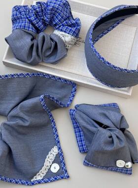 甜美少女复古蓝格纹大号灰色发圈级感蕾丝方巾马尾头绳发箍头箍发