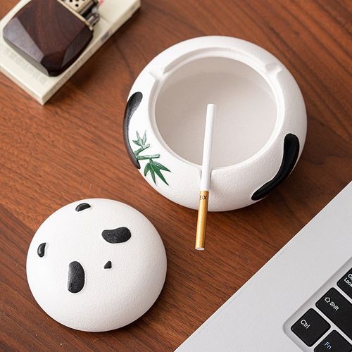 晨翔 国潮熊猫陶瓷烟灰缸高档防飞灰带盖家用客厅茶桌办公室烟缸