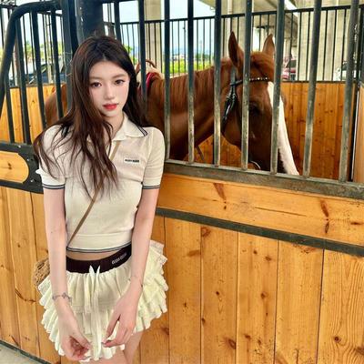 美式复古polo领短袖针织衫女2025夏季新款宽松显瘦百搭休闲上衣潮