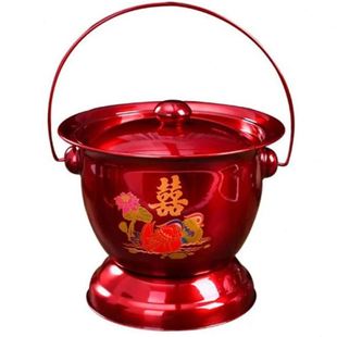带盖红色喜庆用品带盖夜壶尿壶结婚陪嫁花蓝桶 手提不锈钢痰盂
