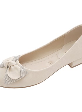 单鞋女2b025新款春秋百搭浅口女鞋软底软皮豆豆鞋中年粗跟妈妈鞋