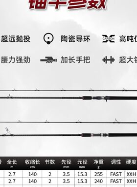 路亚插节锚鱼竿雷强打黑鱼超硬碳素2.7米3米 XXH远W投抛竿海杆锚