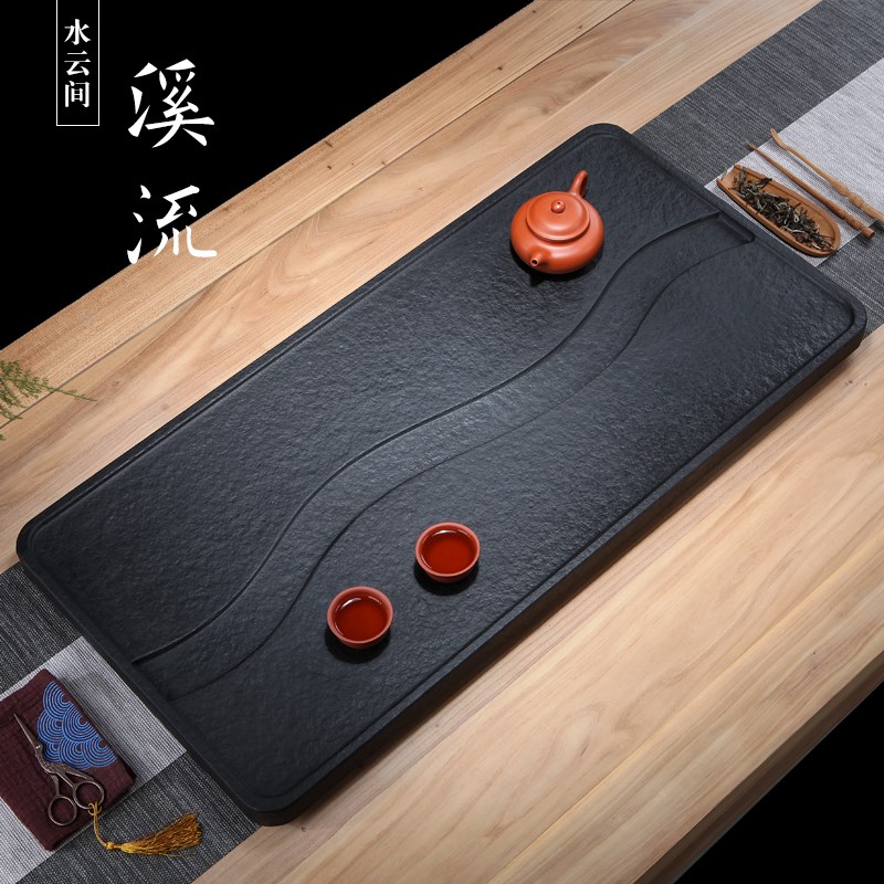 乌金石茶盘天然大号小号整块石材A高档茶台排水黑金石家用简约茶