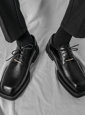 白色方头皮鞋男20l23新款潮流个性厚底内增高德比鞋商务正装小白