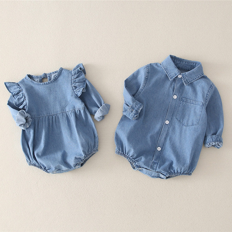 婴儿连体衣春秋装1周岁p女宝宝牛仔包屁衣外穿爬服公主哈衣0-6个