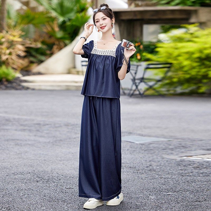 蕾丝拼接方领牛仔k套装女夏2024新款时尚洋气减龄显瘦阔腿裤两件,女装/女士精品,时尚套装,淘宝优惠券,粉丝福利购,淘宝优惠卷