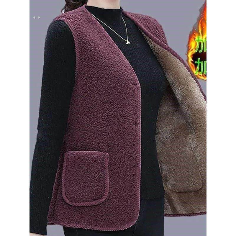 羊羔毛马甲女妈妈秋冬加绒加厚马夹背心中老年人女颗粒绒保暖坎肩