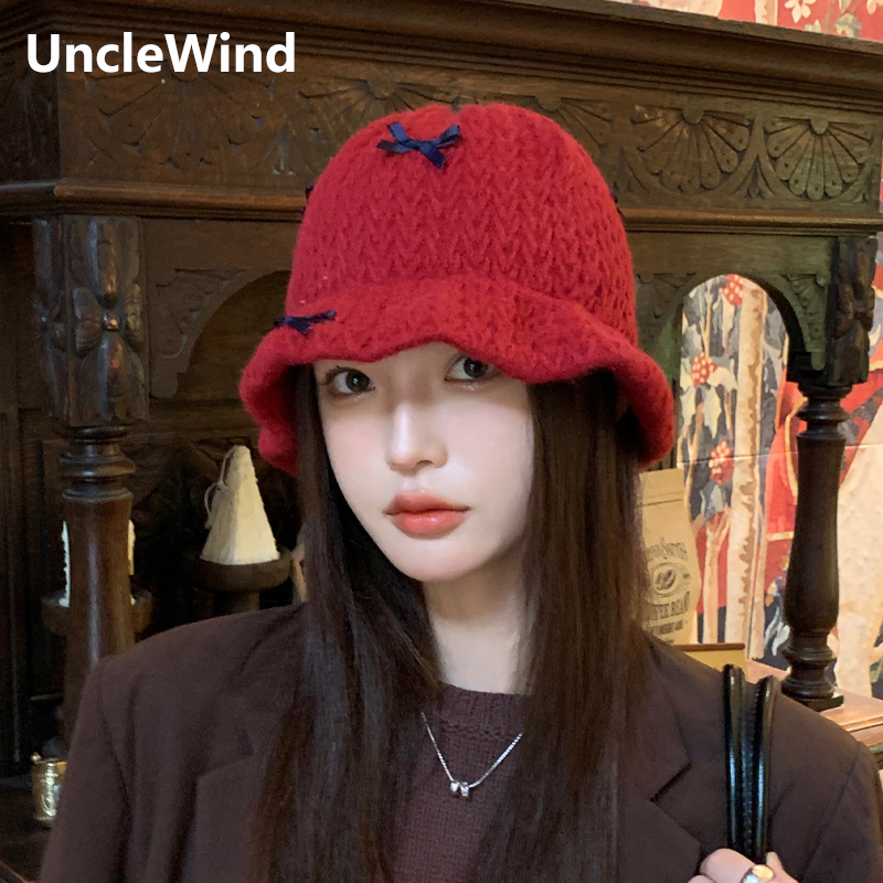 韩国甜美蝴蝶结帽子女2025秋冬季保暖防风针织渔夫帽毛线护耳盆帽