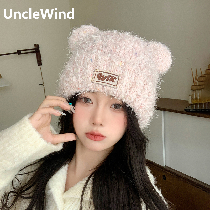 小熊帽子女2025秋冬季可爱保暖套头帽加厚毛线护耳帽显脸小针织帽