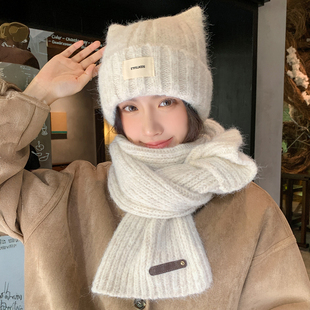 帽子女2025秋冬季新款可爱猫耳加厚保暖韩系带围巾包头针织毛线帽