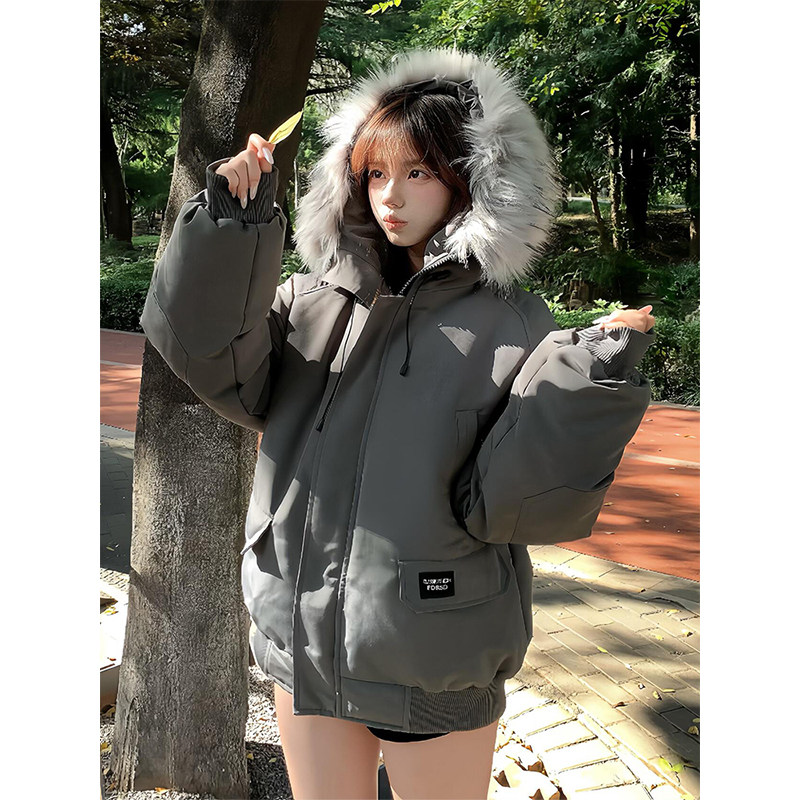 深灰色毛领连帽羽绒棉服男女款冬加厚保暖情侣派克服加绒工装棉袄