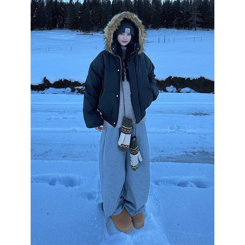 黑色美式毛领pu皮短款羽绒棉服男女款冬季加绒加厚棉衣外套面包服