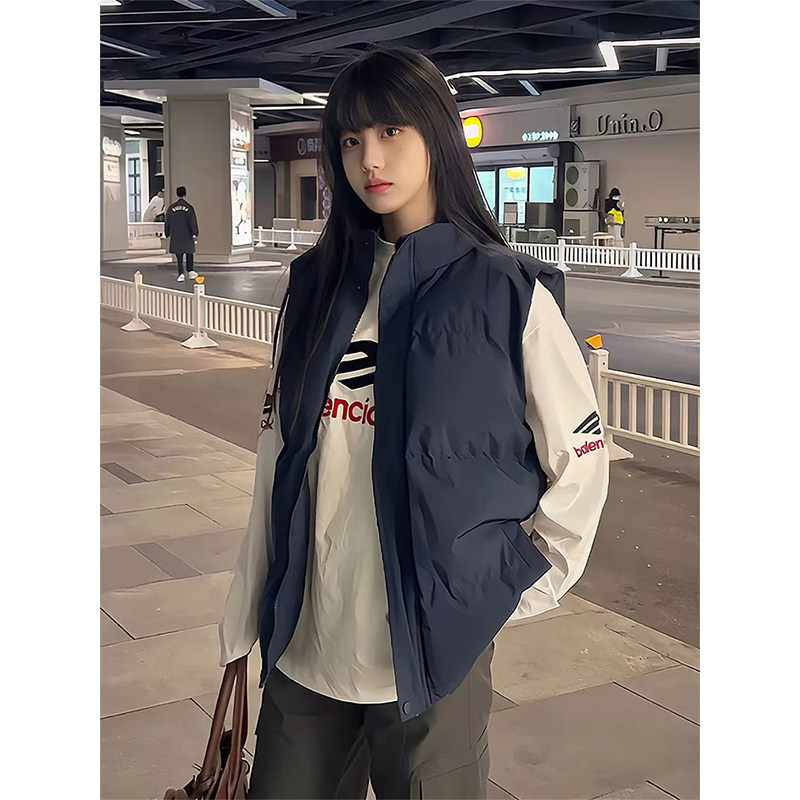 藏青色美式羽绒马甲男女款秋冬季