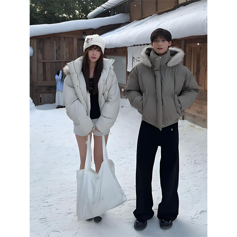 大毛领可拆卸帽子短款羽绒服男女冬季防寒保暖棉服情侣款加厚棉袄