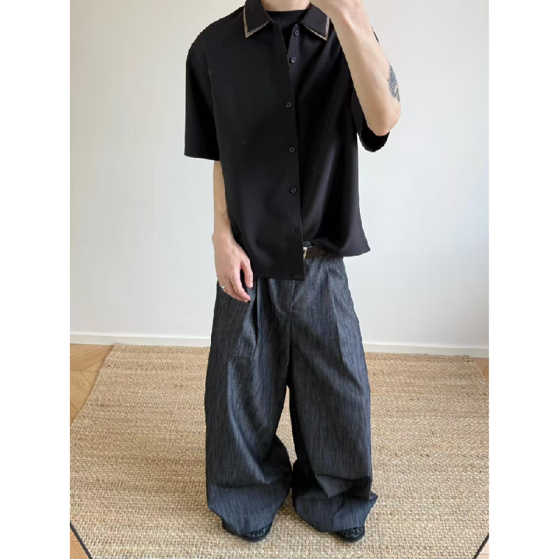 黑色老钱风千鸟格双领衬衫短袖男款防晒衬衣cleanfit短款休闲外套