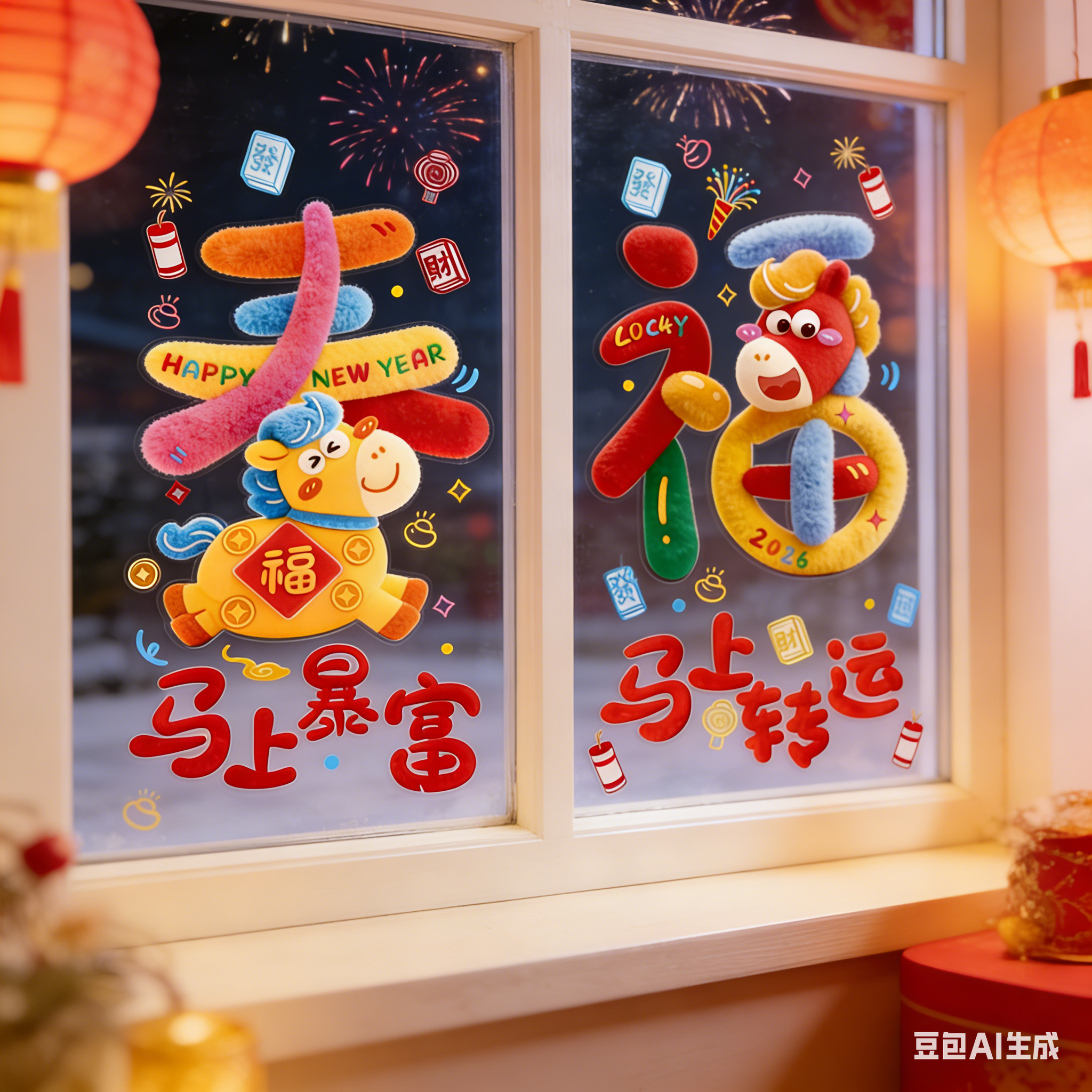 2026新年玻璃贴纸卡通毛绒可爱门窗贴马年新款窗花静电贴过年装饰,节庆用品/礼品,福字/窗花/窗贴,淘宝优惠券,粉丝福利购,淘宝优惠卷
