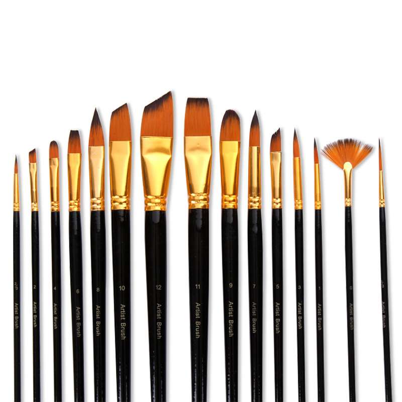 15支尼龙毛画笔 黑色长杆油画笔 水彩水粉油画笔套装