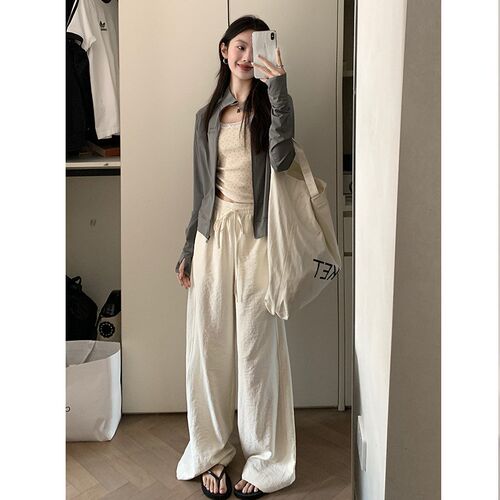 软糯奶皮阔腿裤女2024春夏打工裤白色慵懒松紧腰宽松薄Z款拖地长