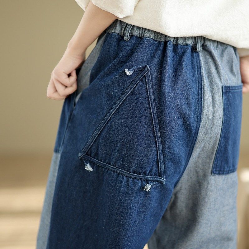 设计感撞色牛仔阔腿裤女q宽松直筒2025新款春秋显瘦百搭松紧腰长,女装/女士精品,大码裤装,淘宝优惠券,粉丝福利购,淘宝优惠卷