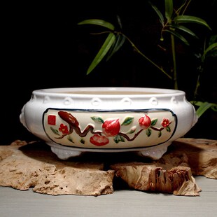 仿古陶瓷花盆冰h裂汝窖大圆形盆景手工彩绘透气老桩黄杨兽头盆景