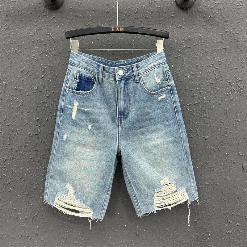 2025夏季新款宽松显瘦u破洞牛仔直筒裤女个性韩时尚休闲五分中裤