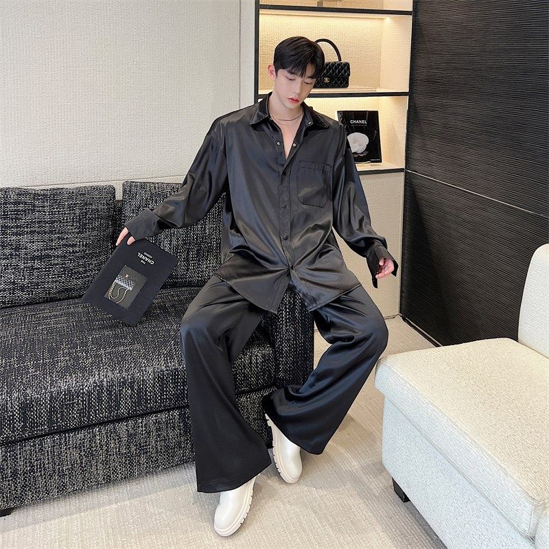 夏季超滑醋酸料禁欲n衬衫套装男宽松韩版网红慵懒风垂感长裤两件,男装,时尚套装,淘宝优惠券,粉丝福利购,淘宝优惠卷
