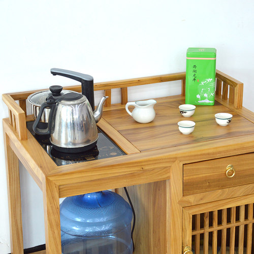 新中式茶水柜简约k客厅实木餐边柜榆木移动小茶台多功能置物架矮